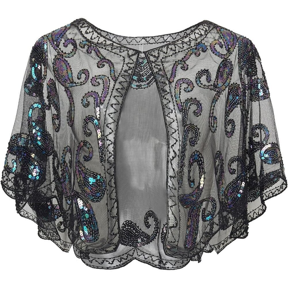 1920s Sequin Beaded Evening Cape Bridal Shawl Flapper Cover Up
